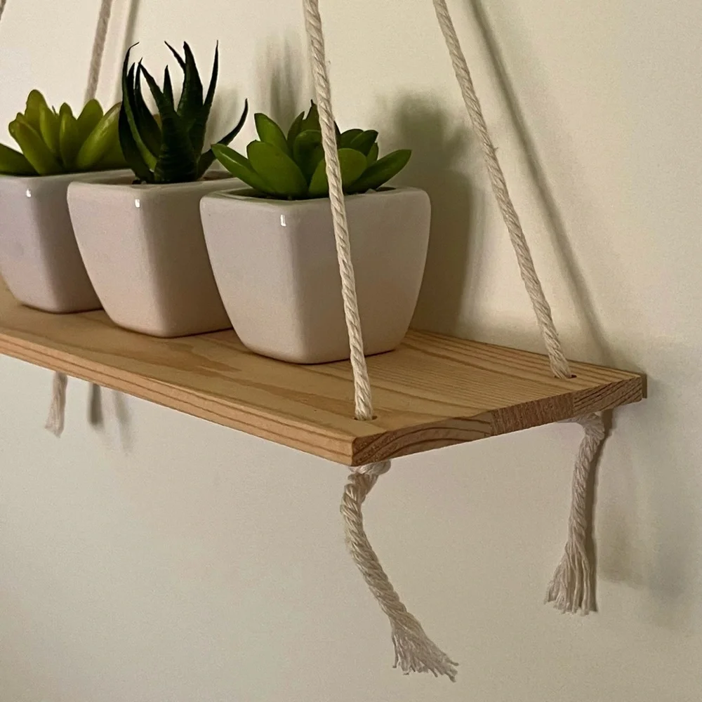 Natural Wooden Hanging Shelf with Cream Rope